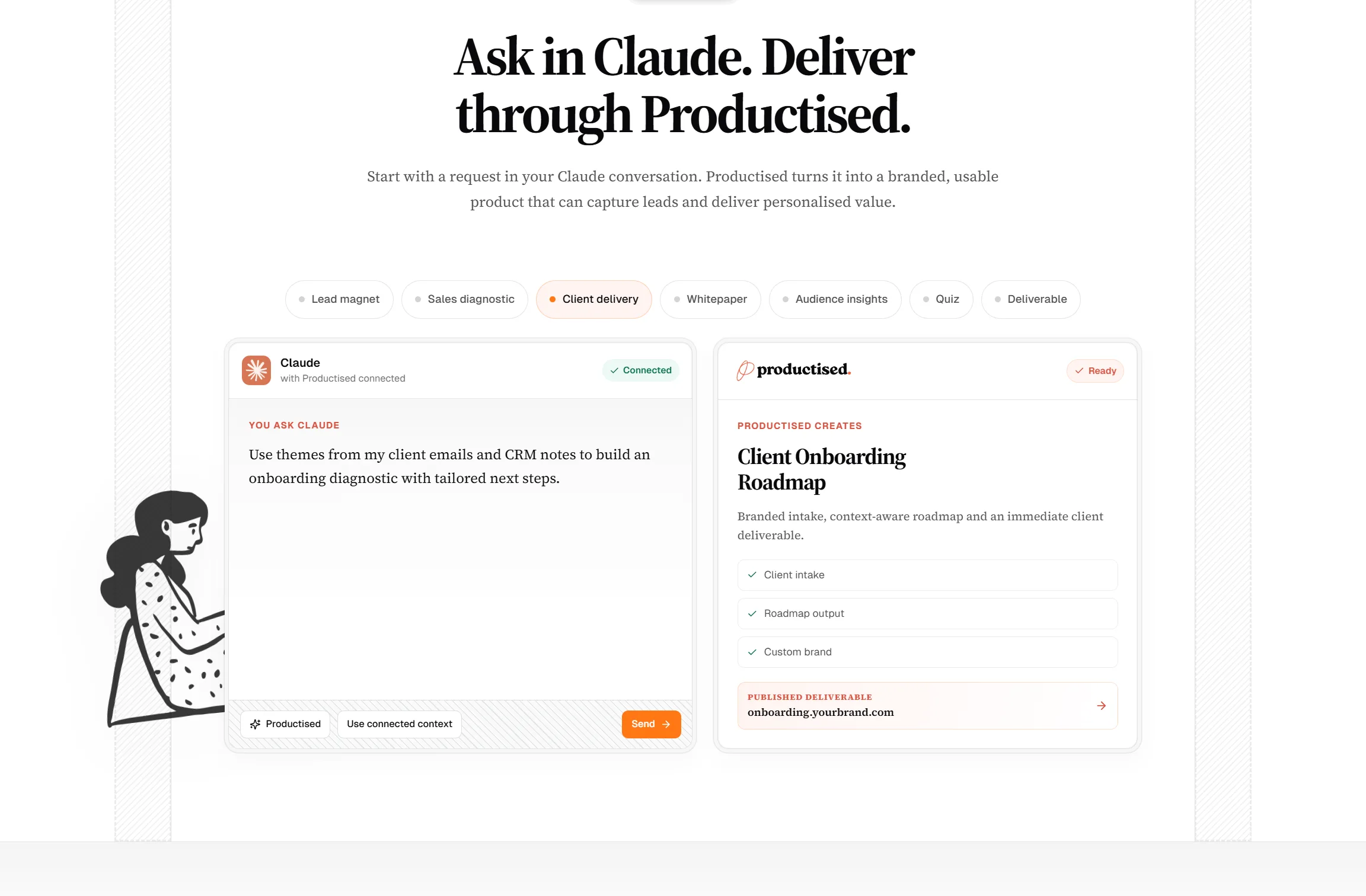 Ask in Claude, deliver through Productised β the flow from a prompt to a branded client deliverable.