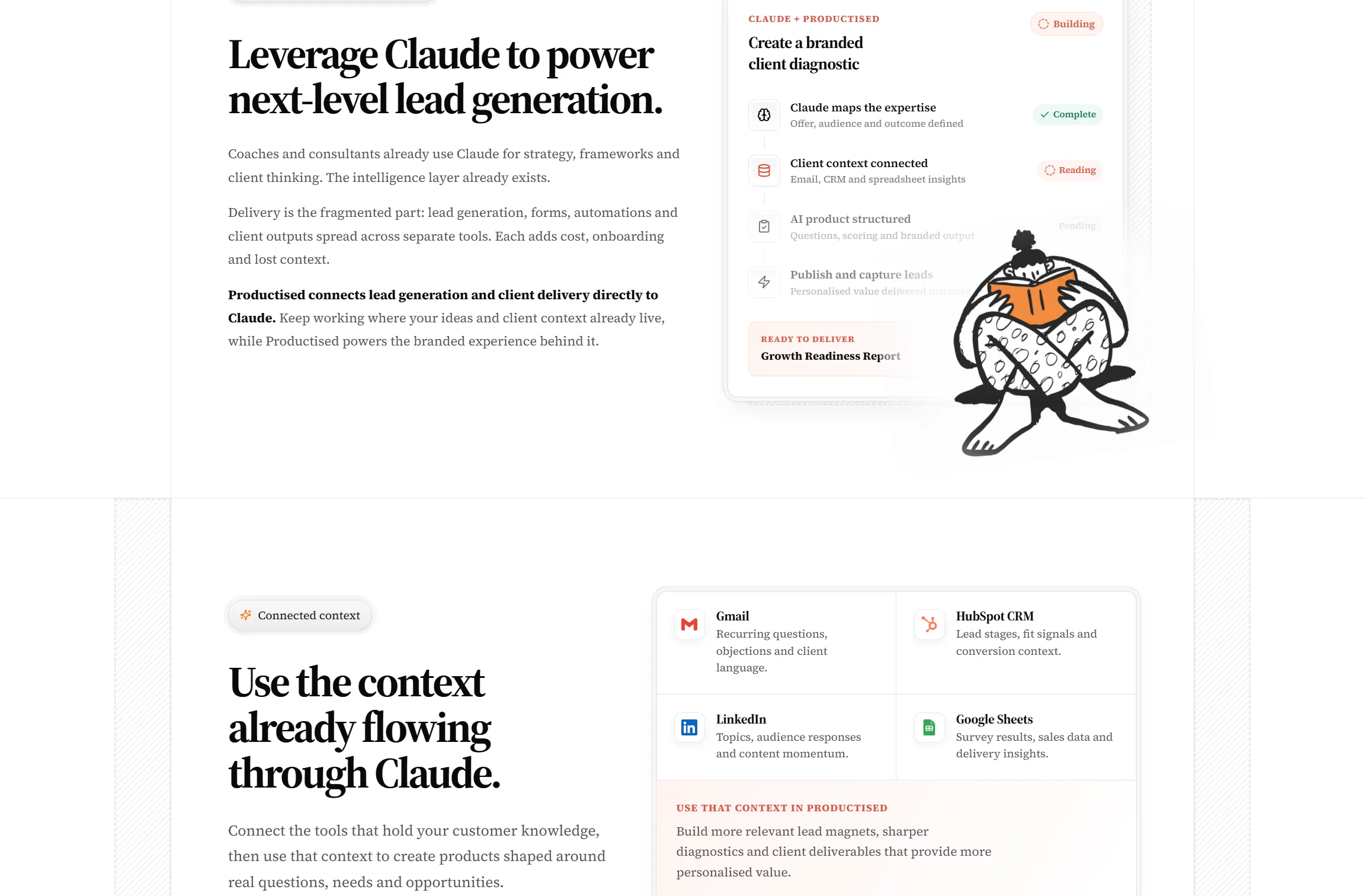A branded client diagnostic assembling live β Claude maps the expertise, Productised publishes it.
